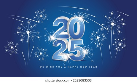 Happy New Year 2025. New Year modern 3d concept design. Light blue white silver 3D 2025 with shadows and stars sparkling fireworks on blue background