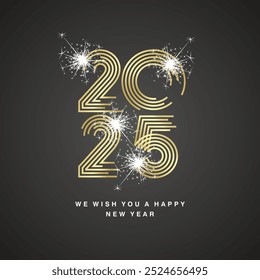 Happy New Year 2025 modern new trendy golden pop line design typography abstract numbers white sparke firework logo icon black background vector