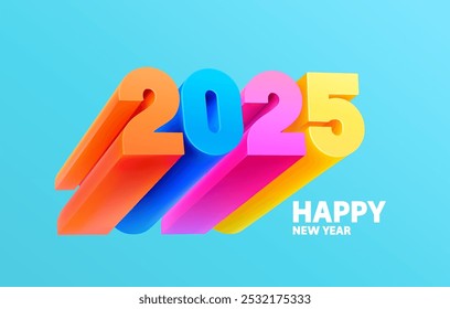 Feliz Ano Novo 2025. Moderno design de letras coloridas. Números de cor 3D em fundo azul. Design do banner da saudação.