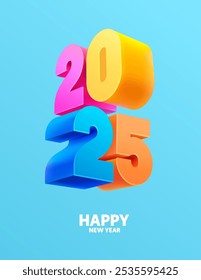 Happy New Year 2025. Modern holiday lettering design. Bright colorful numbers on blue background.