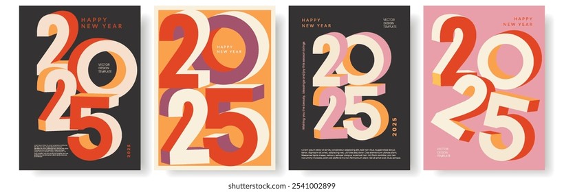 Feliz año Nuevo 2025 moderno conjunto de póster de moda con números. Concepto creativo del Anuncio, cubierta para el calendario. Plantilla de diseño con tipografía