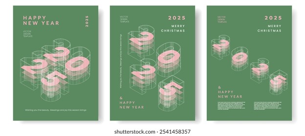 Feliz Ano Novo 2025 pôster moderno definido com números. Conceito criativo de banner, capa para calendário. Modelo de design com tipografia em fundo verde.