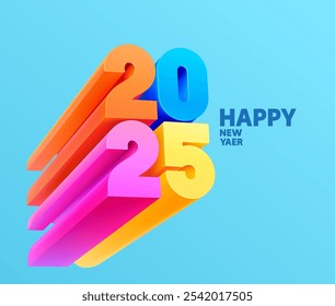 Happy New Year 2025. Modern colorful lettering design. Bright color numbers on blue background.