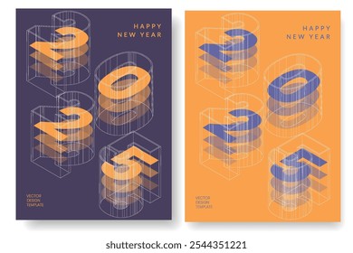 Happy New Year 2025 modern trendy poster set with numbers. Creative concept of banner, cover for calendar. Design template with typography on purple and yellow background.	