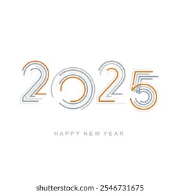 Feliz año Nuevo 2025 moderno nuevo diseño de línea pop de moda tipografía naranja gris mar verde números abstractos logo icono fondo blanco