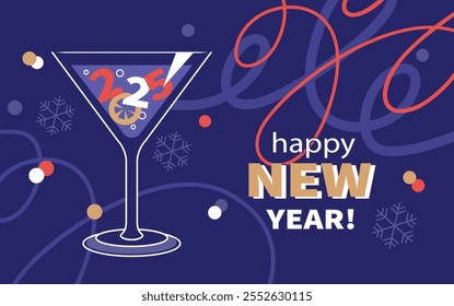 Happy New Year 2025. Modern concept with cocktail glass. Stylish flat design for poster, greeting card, invitation. Vector illustration.