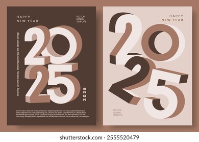 Happy New Year 2025 modern trendy poster set with numbers in color of the year Mocha Mousse. Creative concept of banner, cover. Design template with typography