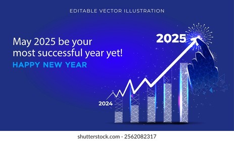 Happy new year 2025. Modern futuristic resolution, business vision, technology, success, prosperity, growth chart on graph. Wishes greeting card, poster banner design.