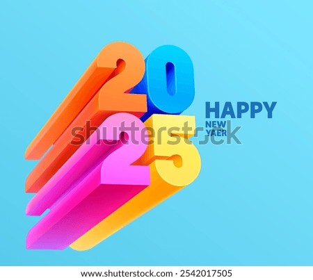 Happy New Year 2025. Modern colorful lettering design. Bright color numbers on blue background.