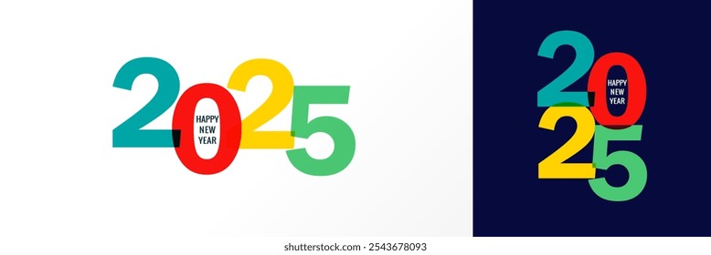 Feliz año Nuevo 2025 diseño de logotipo de números de múltiples colores. Plantilla de diseño de Festiva de Vector con tipografía colorida 2025 y texto de feliz año Nuevo