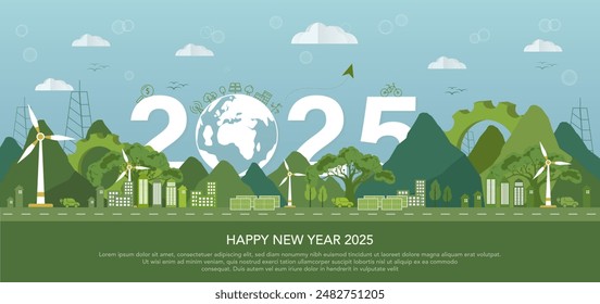 Feliz año nuevo 2025 Medio ambiente natural en 2025, Ahorro del medio ambiente, sostenibilidad ambiental, planeta limpio y ecología sobre fondo verde de la naturaleza. Ilustración vectorial verde.