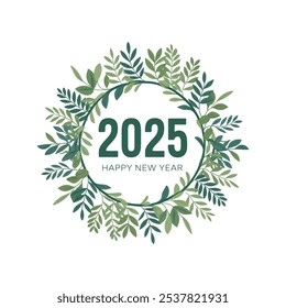 Happy New Year 2025 with Nature-Themed Green Wreath Decoration