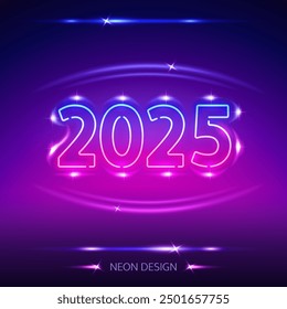 Happy New Year 2025 Neon Sign. Vector illustration for Holidays projects.