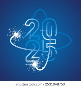 Feliz Ano Novo 2025 neon linha arte design forma de 2025 ano logotipo dentro da linha arte poder energia círculo sinal com faísca fogo de artifício em fundo azul. Modelo de Ano Novo para 2025