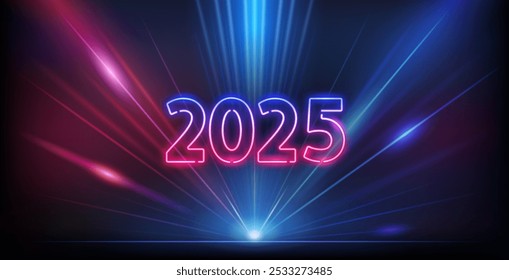 Happy New Year 2025 Neon Sign with Bright Ray Halo in Retro Wave Style. Vector clip art for your night party design.