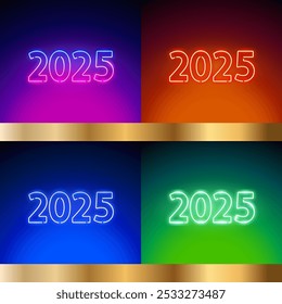 Happy New Year 2025 Neon Signs Set with Gold Ribbon. Vector illustration for Holidays projects.