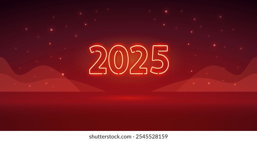 Happy New Year 2025 Neon Sign on Red Background. Vector illustration for Holidays projects.