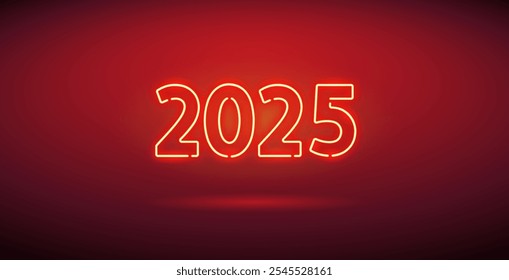 Happy New Year 2025 Neon Sign on Red Background. Vector illustration for Holidays projects.