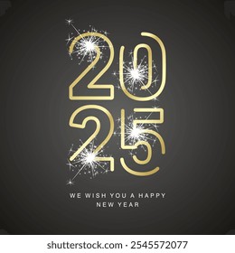 Happy New Year 2025 neon led golden line art design shape of 2025 year logo with sparkle firework on black background. Moving lights on numbers, social media template for 2025