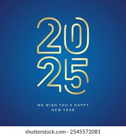 Happy New Year 2025 neon led golden line art design shape of 2025 year logo on blue background. Moving lights on numbers, social media template for 2025