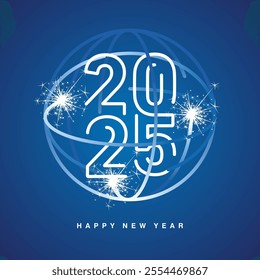 Happy New Year 2025 neon line art design shape of 2025 year logo inside line art atomic power energy circles sign with sparkle firework on blue background. New Year template for 2025