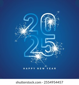 Happy New Year 2025 neon led light blue continuous line art design shape of 2025 year logo with sparkle firework on blue background. Moving lights on numbers, social media template for 2025