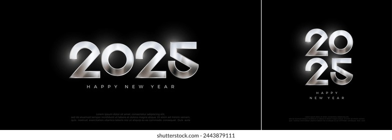 Feliz año nuevo 2025 diseño de número. Con lujosos números metálicos de plata brillante. Diseño para celebrar el nuevo año 2025.