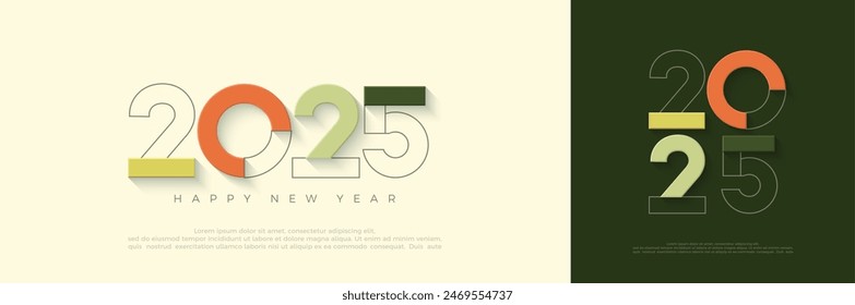 Feliz año nuevo 2025 diseño de número. Diseño de Vector para la celebración y el saludo de año nuevo. Diseño de Vector Premium para póster, Anuncio, saludo y celebración de año nuevo 2025.