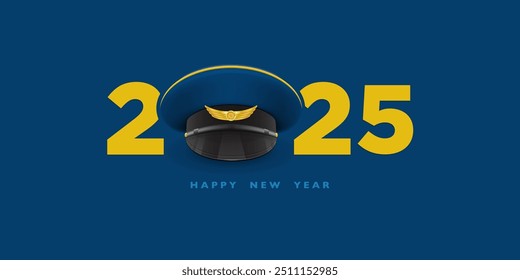 Happy New Year 2025 number with Pilot Captain cap on an isolated white background. Airplane, Captain, Pilot, Aeroplan crew New Year creative unique design concept