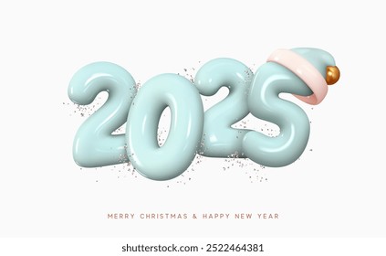 Happy New Year 2025 Number. Symbols realistic cartoon 3d render with blue santa hat. Christmas decoration. Celebrate party sign 2025. Xmas Poster, banner, cover card, brochure, flyer, layout design