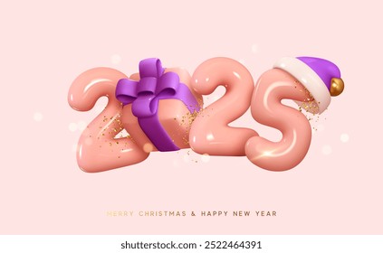 Happy New Year 2025 Number. Symbols realistic cartoon 3d render with gift box. Christmas decoration. Celebrate party color sign 2025. Xmas Poster, banner, cover card, brochure, flyer, layout design