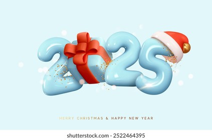 Happy New Year 2025 Number. Symbols realistic cartoon 3d render with blue gift box. Christmas decoration. Celebrate party sign 2025. Xmas Poster, banner, cover card, brochure, flyer, layout design