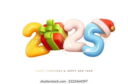 Feliz Año Nuevo 2025 Número. Símbolos realistas de dibujos animados 3d render con caja de regalo. Decoración navideña. Celebre el signo de color del partido 2025. Póster de Navidad, Anuncio, tarjeta de la cubierta, folleto, volante, diseño de diseño