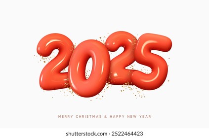 Happy New Year 2025. Number Realistic cartoon plastic 3d render with gold glitter. Christmas decoration. Celebrate party red sign 2025. New year Poster, banner, cover card, brochure, for flyer design