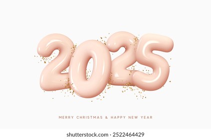 Happy New Year 2025. Number Realistic cartoon plastic 3d render. Christmas decoration. Celebrate party beige sign 2025. New year Poster, banner, cover card, brochure, flyer layout design