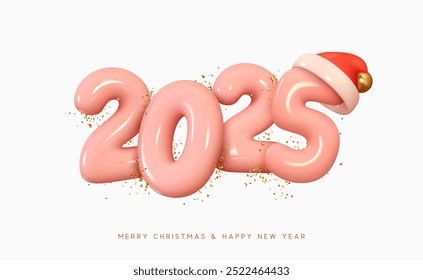 Happy New Year 2025 Number. Symbols realistic cartoon 3d render with red hat santa. Christmas decoration. Celebrate party pink sign 2025. Xmas Poster banner, cover card, brochure, flyer, layout design