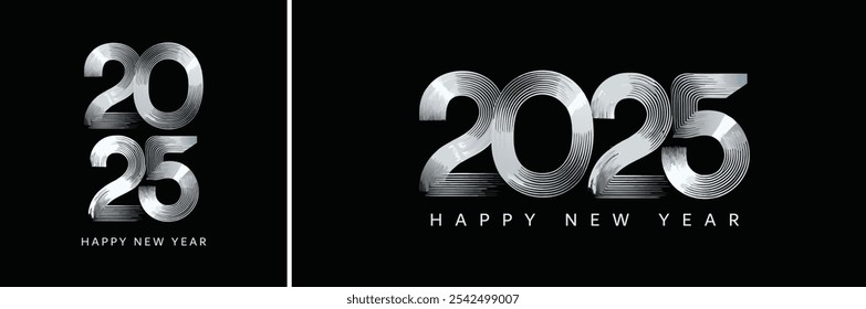 Happy new year 2025 number design. with opulent, gleaming metallic silver numerals. Create a design to commemorate the year 2025