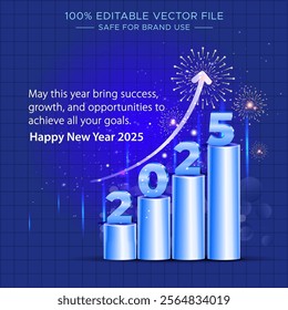 Happy New Year 2025 number on graph with arrow. Business wishes card for economic achievement, growth and success. Banking, stock market, vision, goals, target, and prosperity concept design.