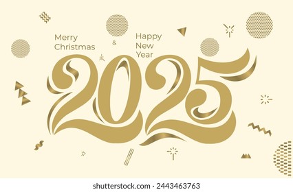 Feliz Año Nuevo 2025 números caligrafía. Elemento de Navidad de tendencia para la víspera de Año Nuevo y Año Nuevo Moderno 2025 resoluciones y deseos Felices con estrellas y bolas vector elementos de Navidad.