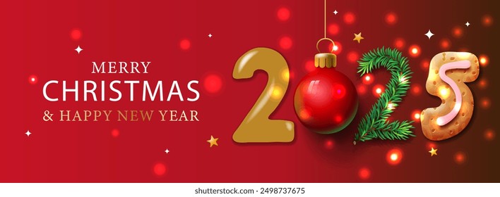 Happy new year 2025 numbers with holiday Christmas decoration and sparkling lights on red background. Xmas design, vector illustration