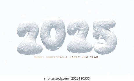 Happy New year 2025 numbers made from snow texture realistic 3d design. vector illustration