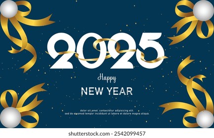 happy new year 2025 with numbers wrapped in luxurious and elegant gold ribbons. vector background for celebration and greeting