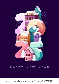 Happy New year 2025. Old winter cityscape with big pink numbers. Christmas greeting card design