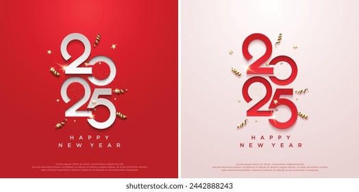 Happy new year 2025 on red and white background.