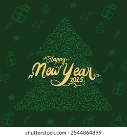 Happy new Year 2025 on a green background, decorated with festive icons like gifts, sweets, Santa hats, and ornaments on a Christmas tree. Perfect for a holiday-themed Shutterstock illustration.