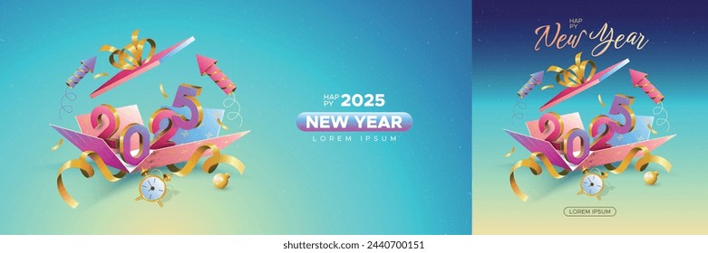 Happy new year 2025 with open gift box and 3D number on grainy background