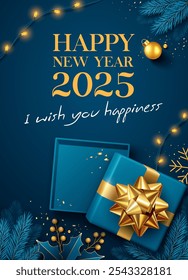 Happy new year 2025, open blue gift box gold ribbon, berry and blue pine leaf poster flyer design on dark blue background, Eps 10 vector illustration