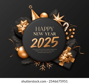 Happy new year 2025 ornaments gold and black, greeting card poster flyer design on black background, Eps 10 vector illustration