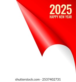 Happy New Year 2025 page corner, Christmas web design element. Vector illustration of curled up paper, template for web design.