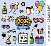 Happy New Year 2025 Party Doodle Clipart Set Vector Illustrations Greeting Cards Decoration